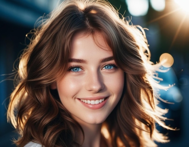 Retrato de uma sorridente bela jovem garota ou mulher de cabelos castanhos com cabelos retos e fluidos, olhos azuis, lábios longos, pálpebras e dentes brancos, clima ensolarado, alegria e felicidade.