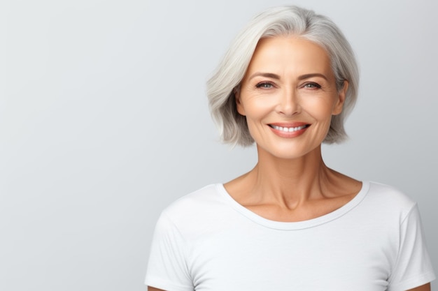 Retrato de uma sorridente mulher de cinqüenta anos de cabelos grisalhos em roupas casuais brancas com fundo cinza
