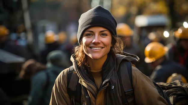 retrato de uma trabalhadora com capacete de proteção e jaqueta de pé na área de construção