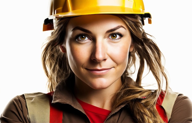 Retrato de uma trabalhadora da construção civil usando capacete de estúdio filmado fundo branco Generative ai