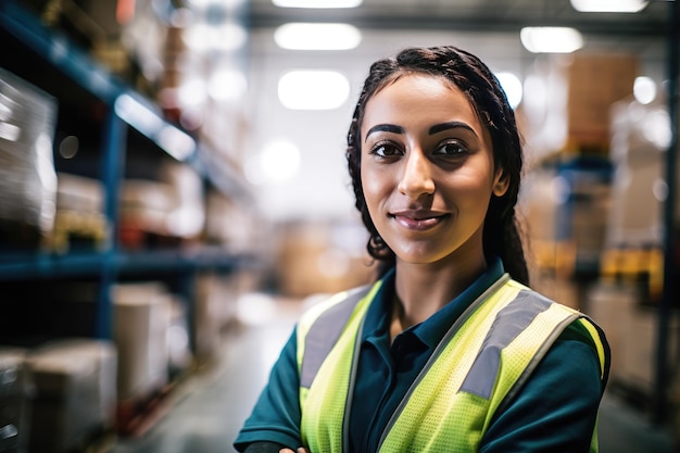 Retrato de uma trabalhadora de armazém confiante sorrindo para a câmera no ambiente de trabalho generative ai