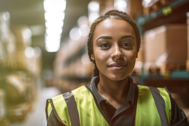 Foto retrato de uma trabalhadora de armazém confiante sorrindo para a câmera no ambiente de trabalho generative ai