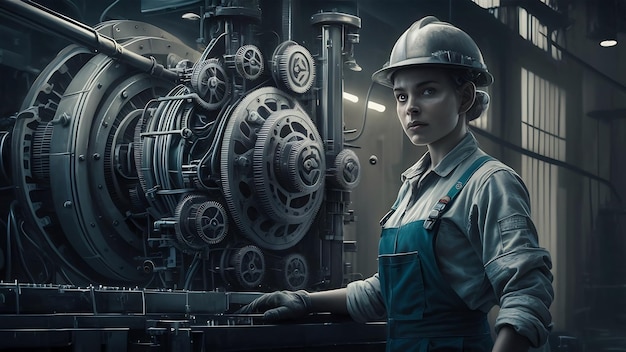 Retrato de uma trabalhadora de fábrica em uniforme de proteção e capacete de pé junto a uma máquina industrial