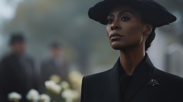 Retrato de uma tristeza bela mulher negra em um casaco preto no fundo do cemitério Luto