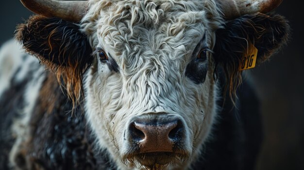 Foto retrato de uma vaca com longos chifres em um fundo escuro