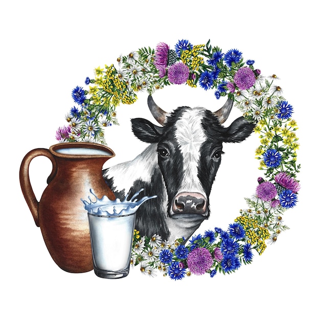 Retrato de uma vaca e uma coroa de flores silvestres Ilustração desenhada à mão em aquarela