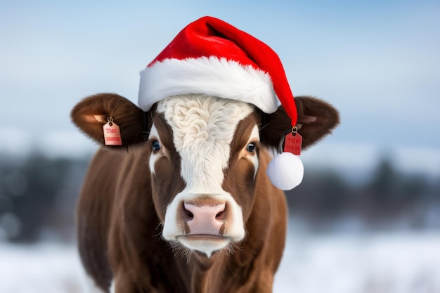 Retrato de uma vaca usando um chapéu de Papai Noel de Natal