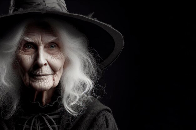 Retrato de uma velha bruxa zangada em fundo preto sólido com espaço de cópia ai generativo