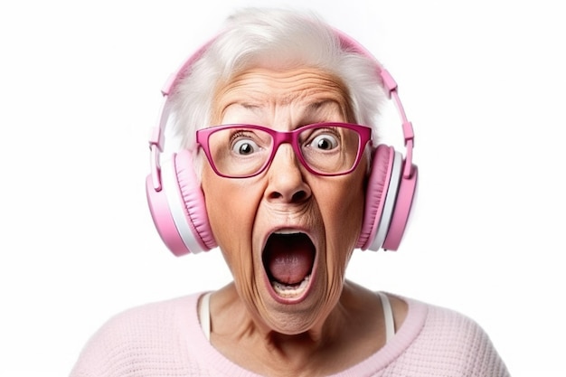 Retrato de uma velha chocada ouvindo música com fones de ouvido feitos com tecnologia Generative AI