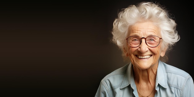 Retrato de uma velha feliz com óculos sorrindo rosto aposentado com estúdio de cabelo branco