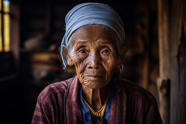 Foto retrato de uma velha na vila de mae salong generative, de ai