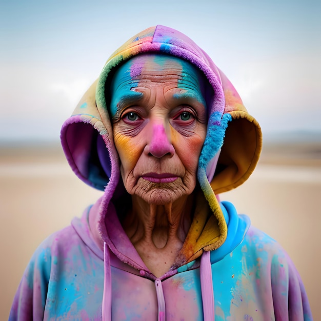 Retrato de uma velhota coberta de pó multicolorido vibrante visto durante o festival de Holi