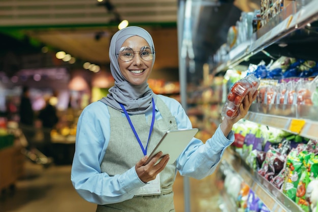 Retrato de uma vendedora feliz e sorridente em mulher muçulmana hijab com tablet sorrindo e olhando para