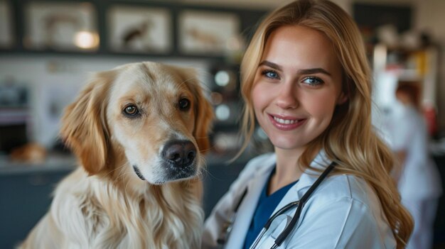 Retrato de uma veterinária feliz cuidando de um cão na recepção de uma clínica veterinária