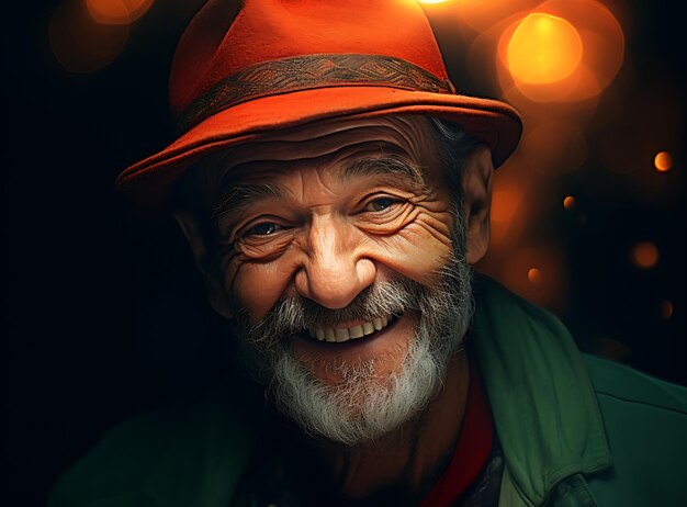 Retrato de uma vida inteira de sabedoria de um velho aposentado com um chapéu vermelho