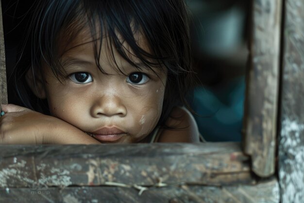 Foto retrato de uma vida orfa lutando e resiliência de uma criança sem pais navegando através de desafios com esperança e determinação em um mundo de incerteza