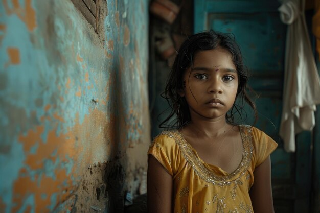 Foto retrato de uma vida orfa lutando e resiliência de uma criança sem pais navegando através de desafios com esperança e determinação em um mundo de incerteza