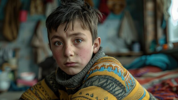 Foto retrato de uma vida orfa lutando e resiliência de uma criança sem pais navegando através de desafios com esperança e determinação em um mundo de incerteza