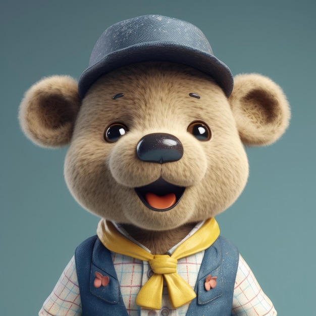 Retrato de ursinho de desenho animado 3D usando roupas, óculos, chapéu e jaqueta em pé na frente