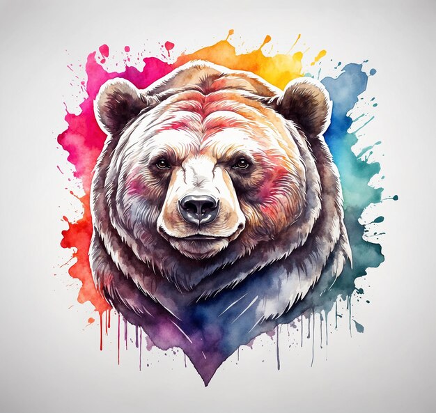 Retrato de urso desenhado à mão em aquarela colorida em fundo branco Pintura de arte digital