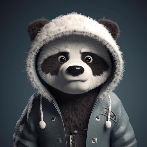 Retrato de urso panda de desenho animado 3D vestindo roupas óculos chapéu e jaqueta em pé na frente