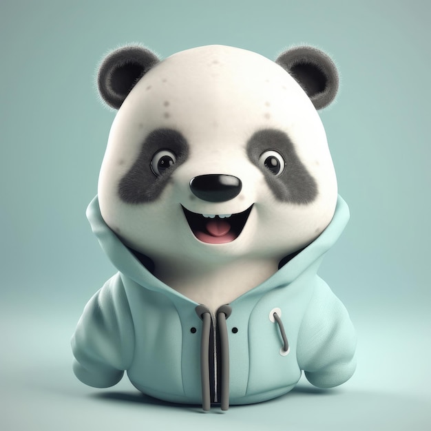 Retrato de urso panda de desenho animado 3D vestindo roupas óculos chapéu e jaqueta em pé na frente