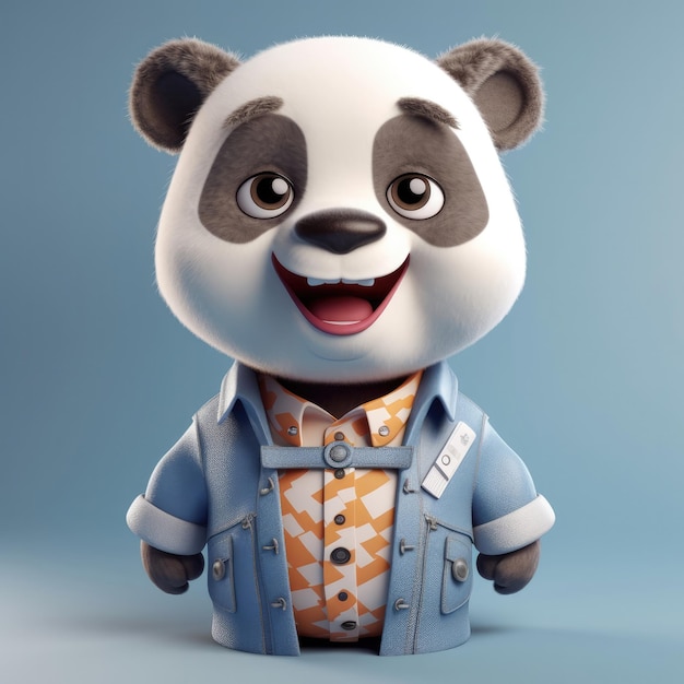 Retrato de urso panda de desenho animado 3D vestindo roupas óculos chapéu e jaqueta em pé na frente