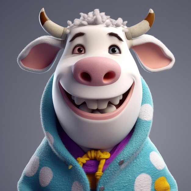 Retrato de vaca de desenho animado 3D vestindo roupas, óculos, chapéu e jaqueta em pé na frente