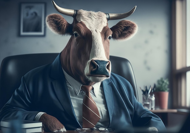 Retrato de vaca em um terno de negócios no escritório