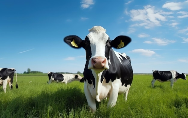 Retrato de vaca na grama verde com céu azul