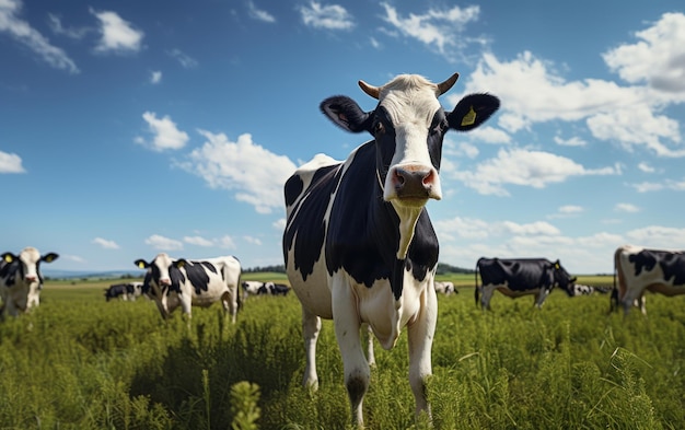 Retrato de vaca na grama verde com céu azul