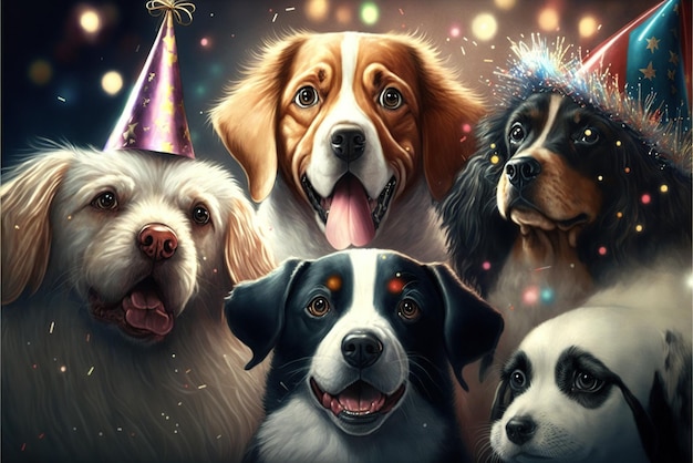 Foto retrato de vários cães celebrando o aniversário de seus companheiros