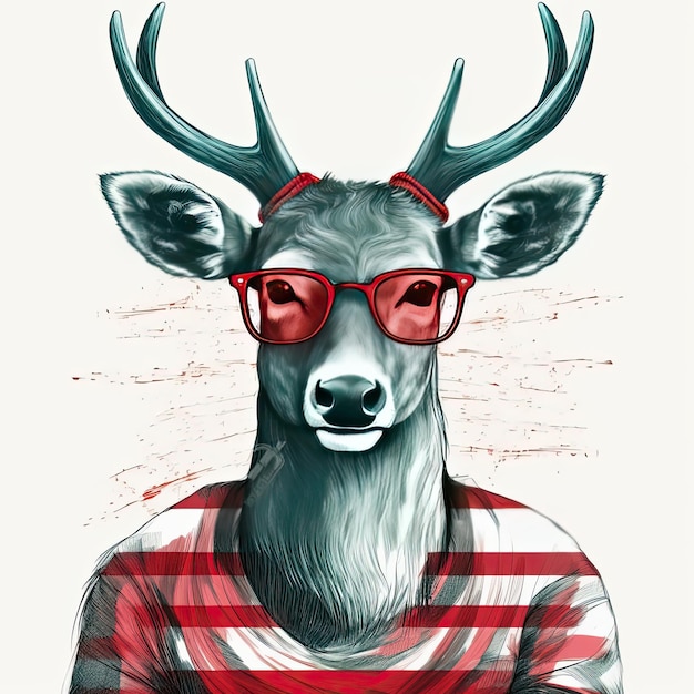 Retrato de veado em camiseta vermelha listrada com óculos Generative AI