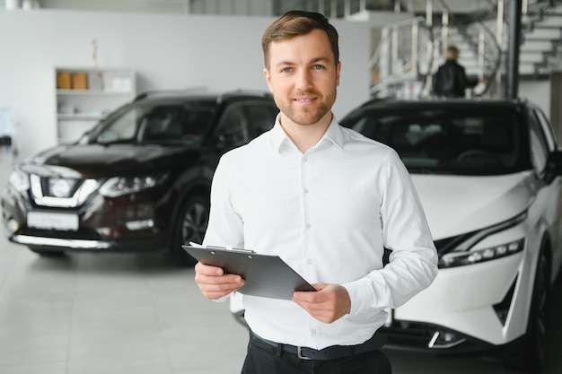 Retrato de vendedor profissional de mente aberta em showroom de carros homem caucasiano em camisa formal branca fica ao lado de carro luxuoso e olha para a câmera