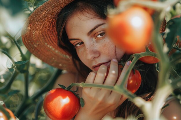 Retrato de verão de jovens em um chapéu de palha de pé ao lado de uma planta de tomate