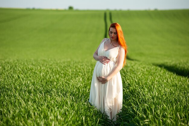 Retrato de verão linda mulher grávida caminhando em campo verde