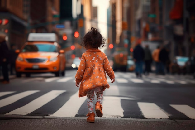 Foto retrato de visão traseira gerado por ia de uma garotinha asiática autêntica sincera no fundo da rua urbana
