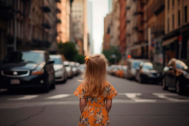 Retrato de visão traseira gerado por IA de uma menina loira sincera e autêntica no fundo da rua urbana