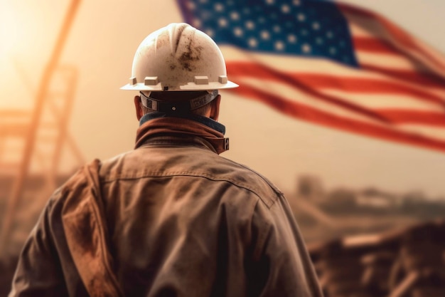Retrato de vista traseira do construtor de trabalhadores em pé contra o fundo da bandeira dos EUA na celebração do Dia do Trabalho Homem trabalhador em uniforme e capacete de construção de segurança gerado AI