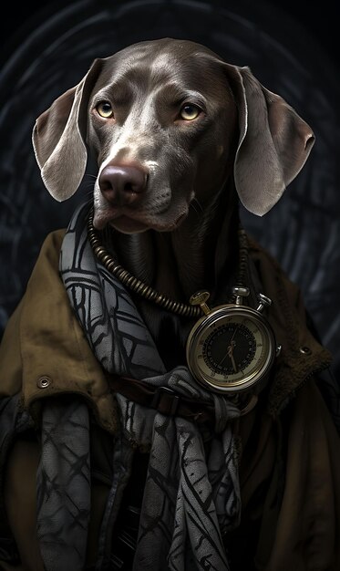 Foto retrato de weimaraner pirata tracker bússola camuflagem manto cinza obse design de moda arte de vestuário