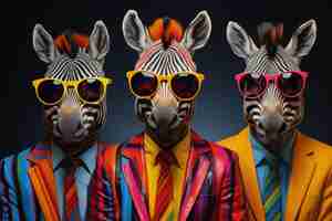 Foto retrato de zebra com óculos de sol animais engraçados em grupo juntos olhando para a câmera vestindo roupas se divertindo juntos tirando uma selfie um momento inusitado cheio de diversão e consciência fashion