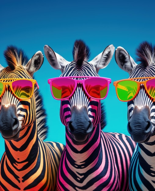 Foto retrato de zebra com óculos de sol animais engraçados em grupo juntos olhando para a câmera vestindo roupas se divertindo juntos tirando uma selfie um momento inusitado cheio de diversão e consciência fashion