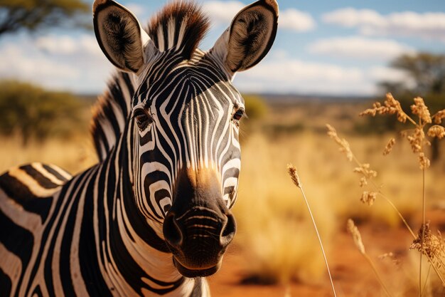 Retrato de zebra em paisagem de savana