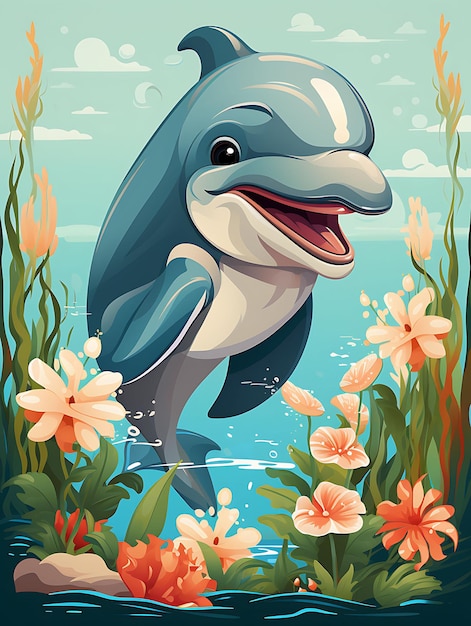Retrato de delfín sosteniendo una sonrisa nadando alegremente azul Colo cartel vintage arte de diseño plano 2D