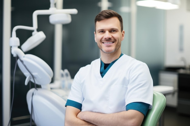 Retrato de un dentista eslavo sonriente en el fondo de un consultorio dental