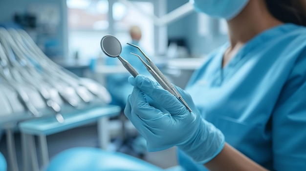 Retrato de un dentista sosteniendo herramientas dentales sobre un fondo blanco limpio IA generativa