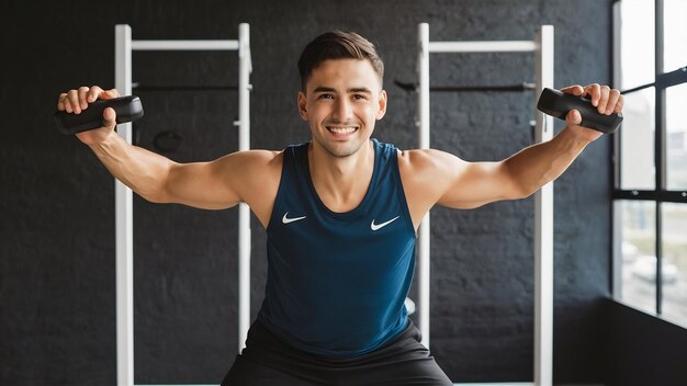 Retrato de un deportista alegre haciendo ejercicios de fitness con un expansor