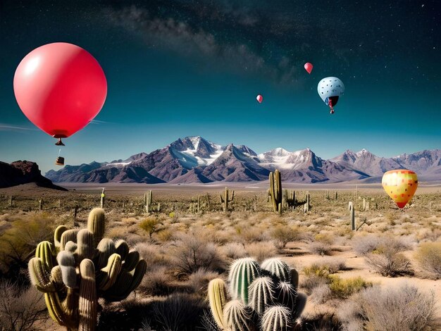 Retrato del desierto con cactus y arbustos con globos flotantes y montañas rocosas nevadas