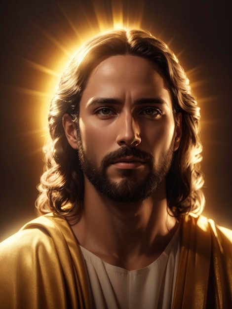 Retrato deslumbrante de Jesus com brilho da Serenity em luz dourada