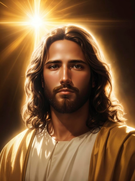 Retrato deslumbrante de Jesus com brilho da Serenity em luz dourada